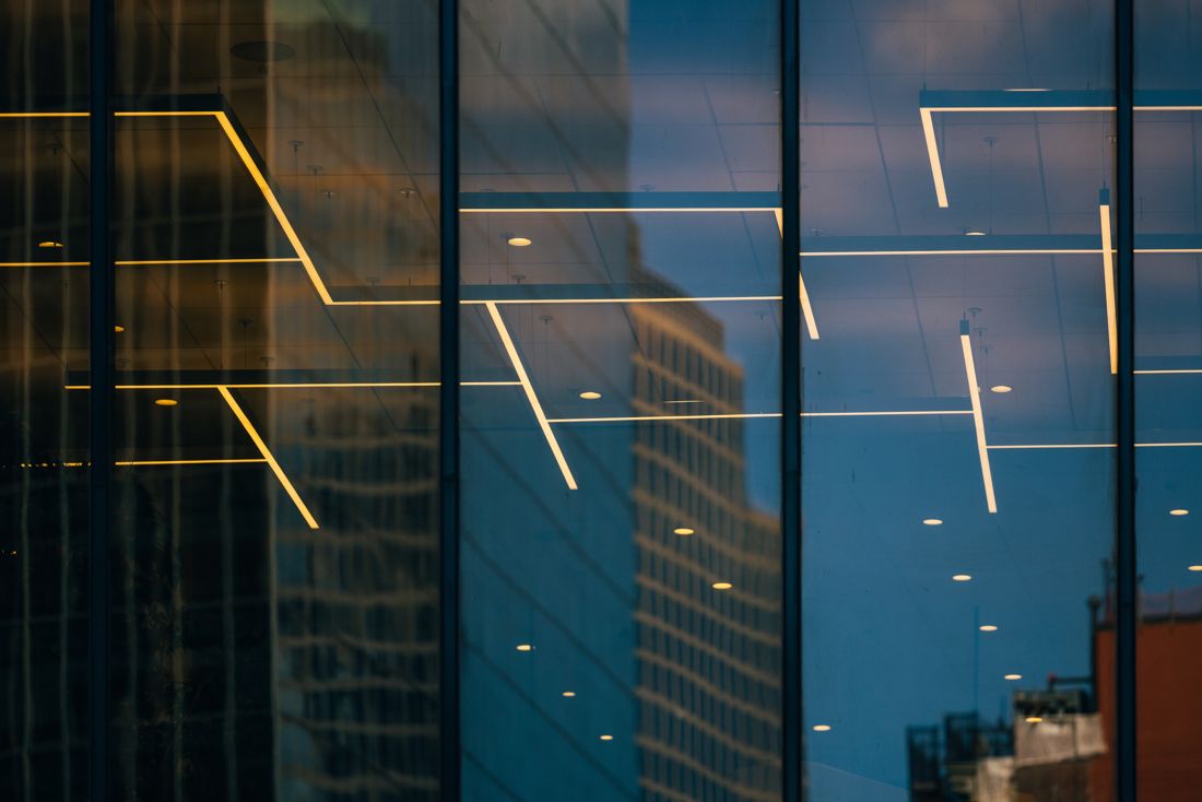Office tower facade at dusk
